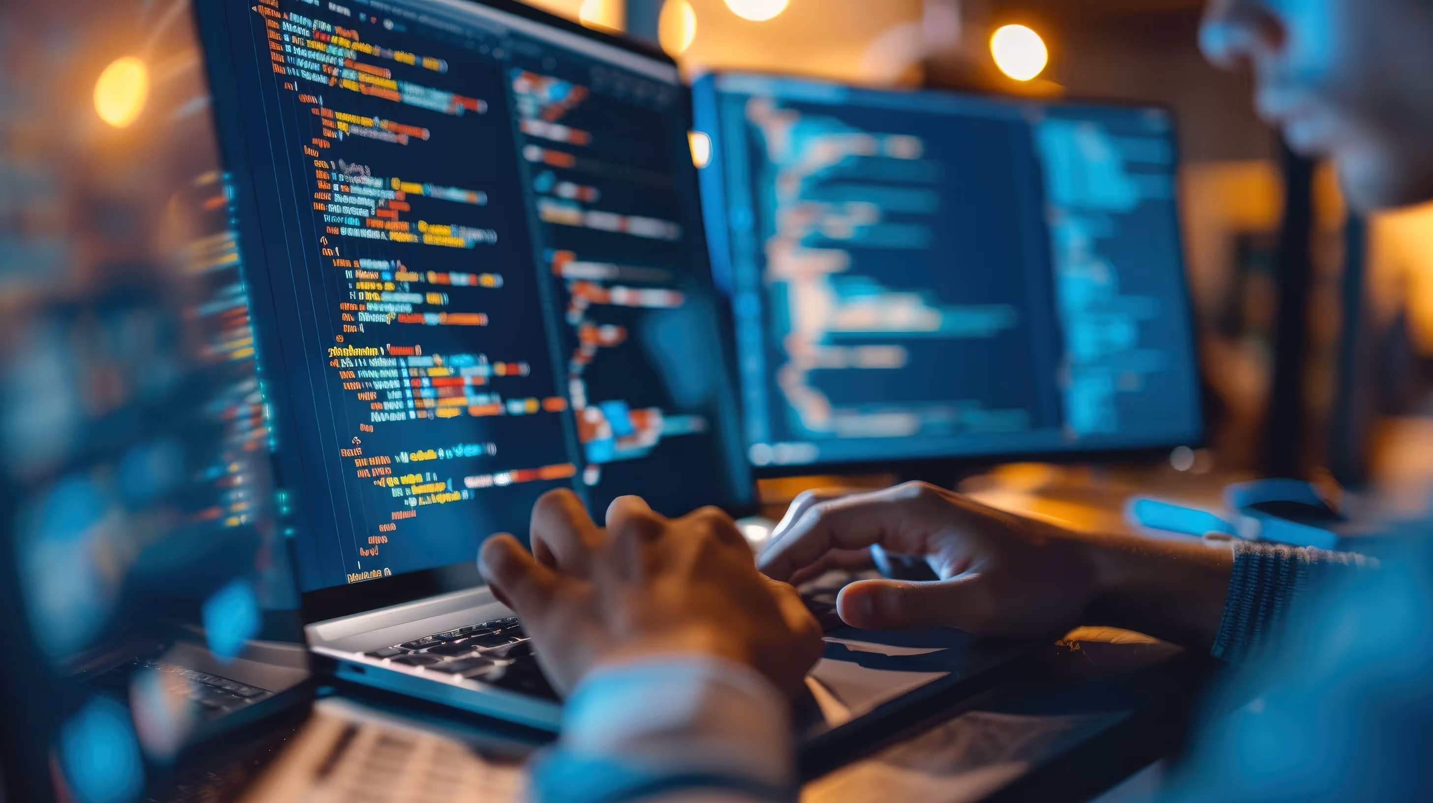 A developer at a desk working across three monitors filled with code, lit in warm and blue tones.