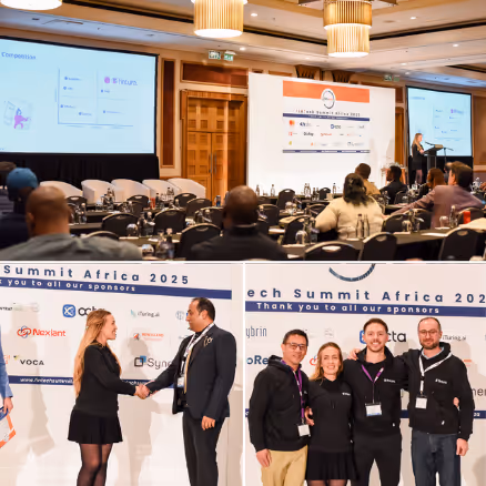 Three photographs from a 2025 Africa tech summit: delegates seated in a conference room facing the presentation screens, a handshake in front of the sponsor wall, and four of the team standing together at the same wall.