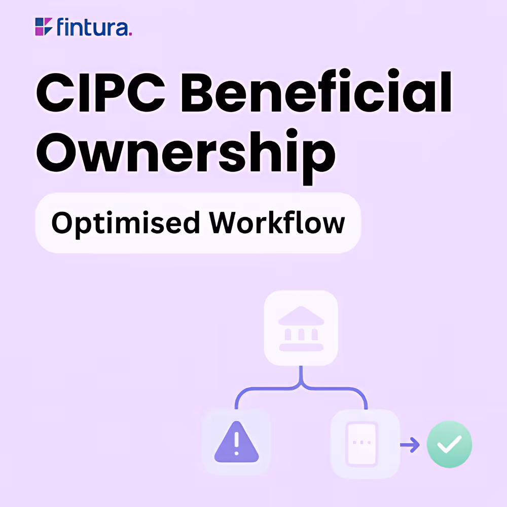 Purple title card reading CIPC Beneficial Ownership, Optimised Workflow, above a small diagram of a company record branching to a warning and on to a completed filing.
