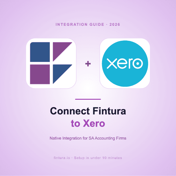 Integration guide card for 2026 showing the Fintura and Xero logos side by side, above the words Connect Fintura to Xero, native integration for South African accounting firms.