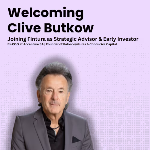 Purple announcement card reading Welcoming Clive Butkow, joining Fintura as strategic advisor and early investor, with a portrait of him below.