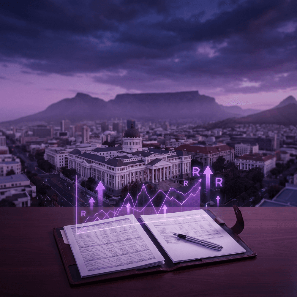 Cape Town at dusk with Table Mountain behind the city, and an open ledger and pen in the foreground with glowing purple chart lines and rand symbols rising from the page.