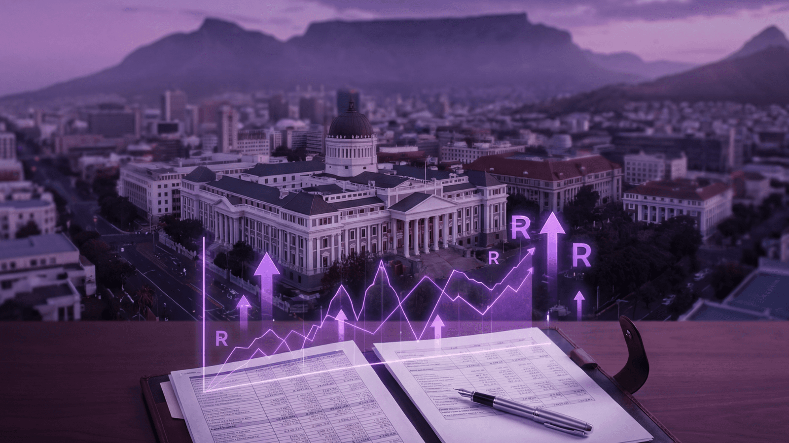 Parliament in Cape Town at dusk below Table Mountain, with a glowing rand chart rising over an open ledger and pen.